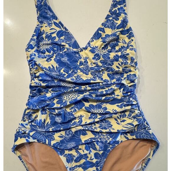 J. Crew Blue Floral Swimsuit Size 10 Ruched V Neck One Piece Full Coverage Boho - Picture 2 of 9